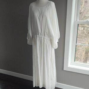 Beautiful Chic Fully Lined White Long Sleeve Silk/Cotton Dress Elastic Waist